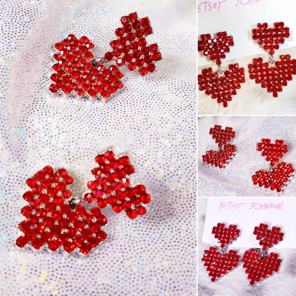 Silver red Crystal double heart earrings